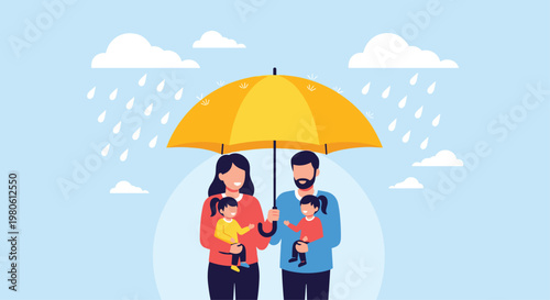 Happy family with a man, woman, and two small girls standing together under a yellow umbrella in the rain, symbolizing family protection and care.