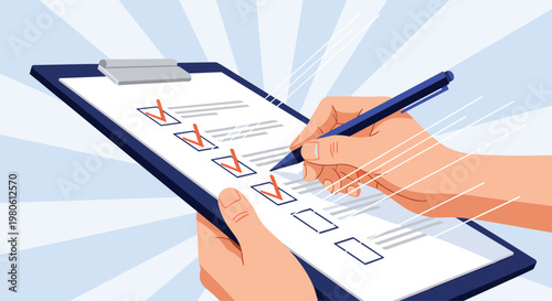 Hands holding a clipboard and marking multiple checkboxes with a pen, symbolizing task completion, efficient planning, and survey responses.