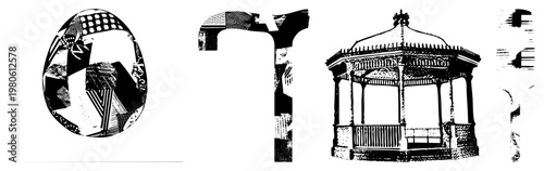 Stylized uppercase letters rendered in halftone, featuring geometric and ornamental motifs, vector typography with textured fills, isolated graphic elements.