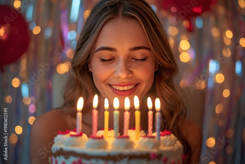 Joyful Woman Blowing Birthday Cake Candles – Hyperrealistic Celebration Portrait with Warm Candlelight and Party Background