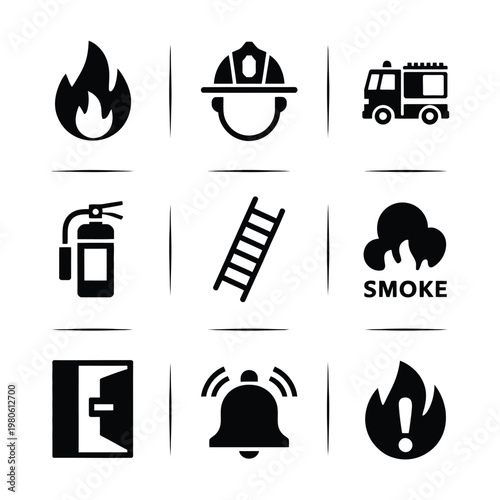 Fire safety silhouette icons set, firefighter helmet truck extinguisher ladder smoke alarm, emergency drill poster, workplace training, evacuation vector design