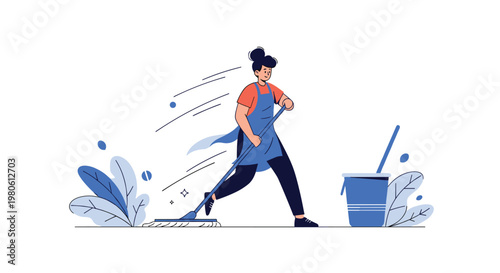A cheerful woman wearing an apron is energetically mopping the floor with a bucket nearby as part of her cleaning routine.