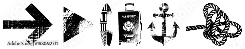 Black and white distressed travel symbols including directional arrow, passport, anchor, and rope knot. Ideal for wanderlust themes or navigation UI. Flat vector with halftone texture.