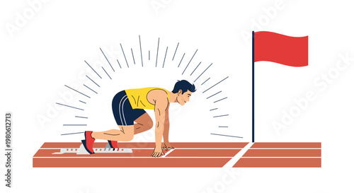 Male athlete in a starting position on a running track ready to sprint towards the red flag at the finish line.