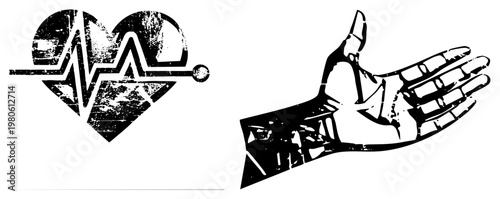 Medical heart with EKG, open palm hand gesture, distressed texture, healthcare visual, patient care symbol, medical illustration.