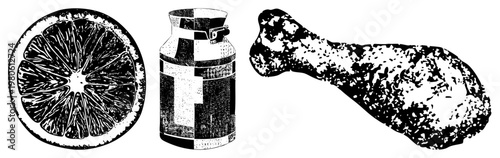 Hand drawn halftone style vector art of citrus section, vintage milk container, and crispy fried chicken drumstick, isolated on transparent background.