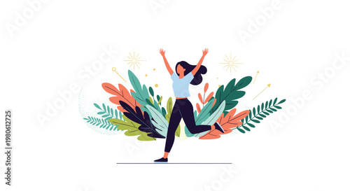 Happy and energetic woman running and jumping with joy surrounded by a vibrant background of colorful leaves and plants.