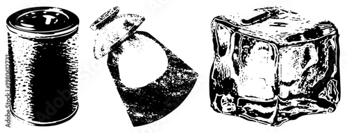 Retro halftone illustrations of glass container, salt shaker, and ice cube, vector art, kitchen condiments, culinary essentials, minimalist graphic design.