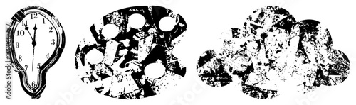 Distorted clock, fragmented palette, cloud forms stark black/white vector, glitch texture, isolated shapes, aesthetic.