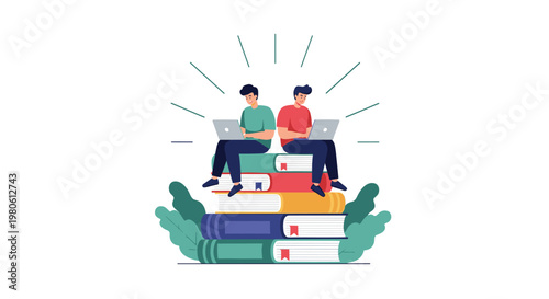 Two young male students sitting back to back on a giant stack of books while studying and learning with their laptops.