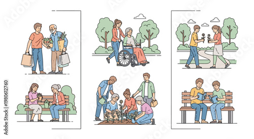 Set of diverse illustrations depicting various volunteer activities and community support interactions.
