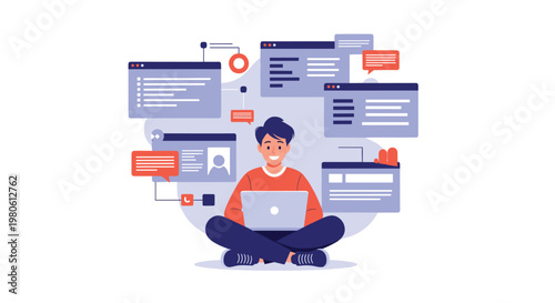 Happy young man sitting cross-legged with a laptop efficiently managing multiple tasks profiles and communications online.