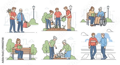 Set of illustrations depicting volunteers assisting elderly people in daily life activities.