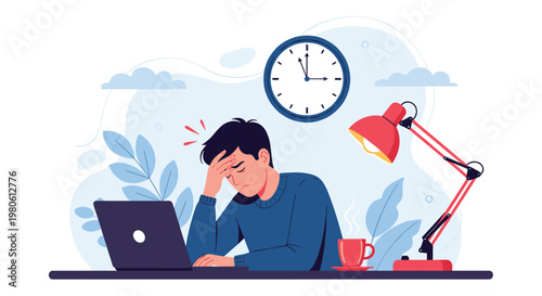 Stressed and overworked man feeling tired and suffering from a headache while working on a laptop with a deadline approaching.