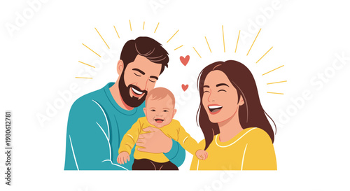 A joyful young couple a mother and father are laughing happily while holding their adorable and smiling baby.
