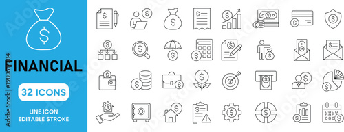 Financial Line Icons Set Banking Investment Money Management Payment Business Outline Icons Collection UI UX Web App Editable Stroke