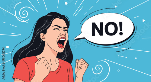 Angry woman with clenched fists screaming the word NO in a speech bubble to express her strong refusal and disagreement.