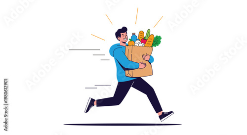 Happy young man running fast with a paper bag full of fresh groceries representing a quick and convenient delivery service.
