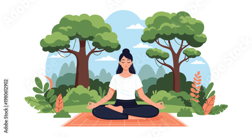 Calm woman meditates in the lotus position on a mat in a peaceful park enjoying nature for mental and spiritual wellness.