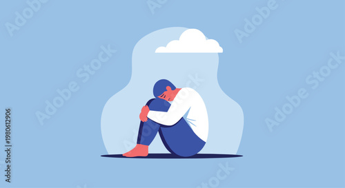 Sad and lonely person sits in a fetal position under a small cloud symbolizing depression and mental health struggles.
