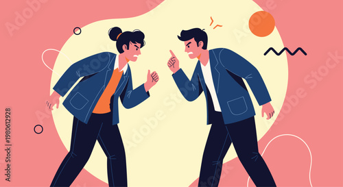 Man and woman in business suits have a heated argument and point fingers at each other during a professional work conflict.