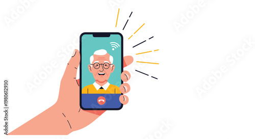 Hand holding a smartphone during a video call with a smiling elderly man keeping family connected through modern technology.