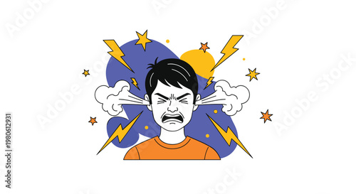 Extremely angry cartoon man with steam coming out of his ears and lightning bolts around his head shows intense frustration.