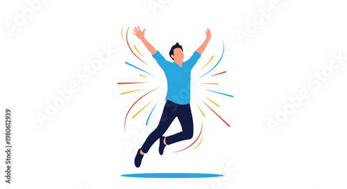 Excited and happy young man jumps in the air with arms raised to celebrate a victory or success with great enthusiasm.