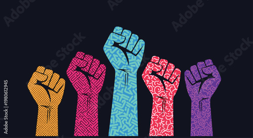 Colorful raised fists with different patterns on a dark background symbolizing unity diversity protest and social movement.