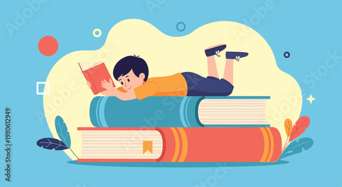 Young boy enjoys reading a book while lying on a giant stack of books promoting education imagination and a love for stories.