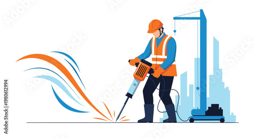 Construction worker in safety gear uses a pneumatic drill to break up concrete on a city construction site with a crane.