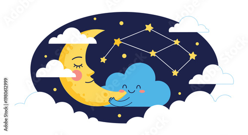 A cute sleeping crescent moon and a happy cloud hug in the night sky with the Ursa Major constellation above them.