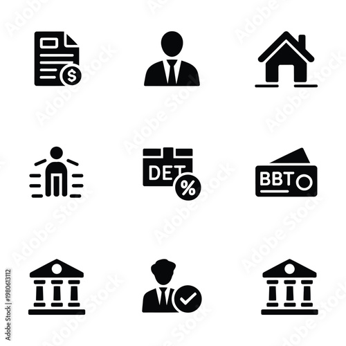 Debt management icon bundle, percentage label document bank building and advisor symbols, financial counseling workshop, money recovery vector illustration