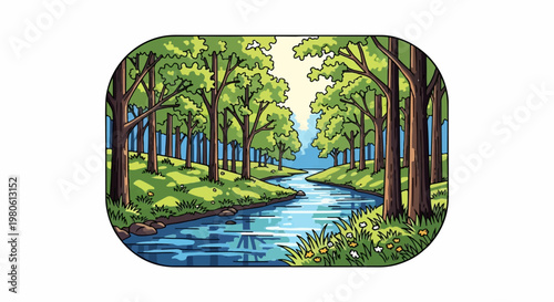 A serene woodland scene with a winding river, lush green trees, and sunlit grassy banks