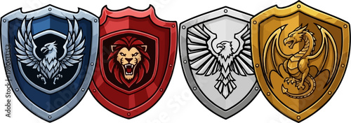 Four pixel art shields depicting mythical creatures and a lion