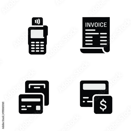 Retail accounting icon bundle, card reader invoice and financial calculator symbols, business bookkeeping seminar, payment processing system vector illustration