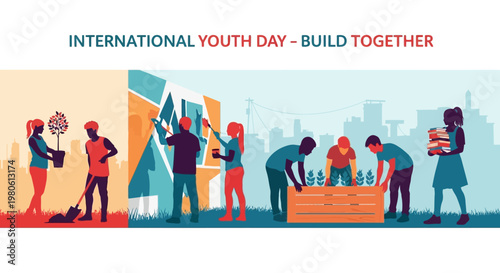 Group of diverse young volunteers working together on community development and environmental projects.