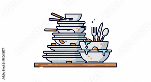 A stack of dirty dishes and utensils piled high on a shelf