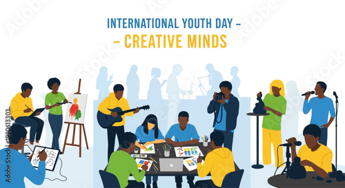 Diverse young people engaged in various creative artistic and technological activities.