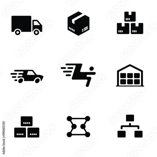 Courier van and warehouse icon bundle, parcel delivery route, distribution hub planning, express shipping service poster, logistics network vector design