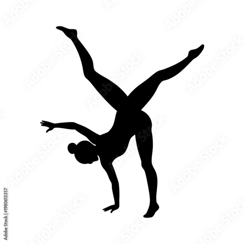 Acrobatic dancer silhouette performing handstand with legs split on transparent background