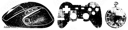 Distressed vector of gaming controller, ergonomic mouse, and vintage pocket watch, halftone texture, digital nostalgia, tech accessories, isolated graphics.