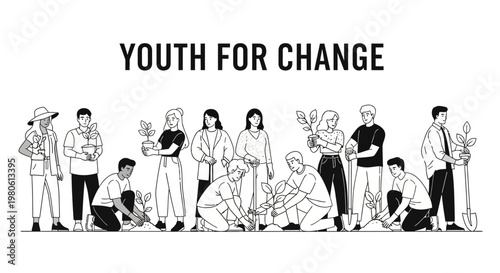 Diverse Group of Young Volunteers Planting Trees for Environmental Change.