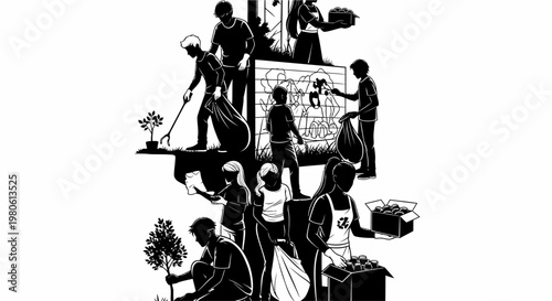 Black and white illustration of people participating in community service activities.
