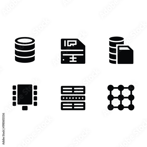 Database management icons, document storage and processor symbols, big data cluster graphics, enterprise server room administration vector illustration set