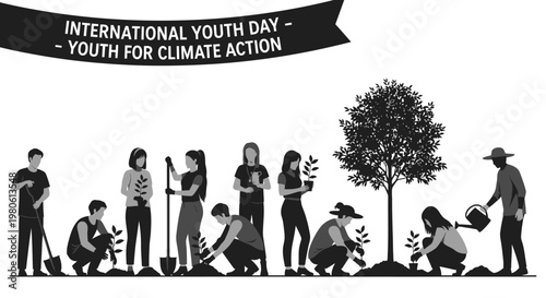 Group of young volunteers planting trees for climate action.