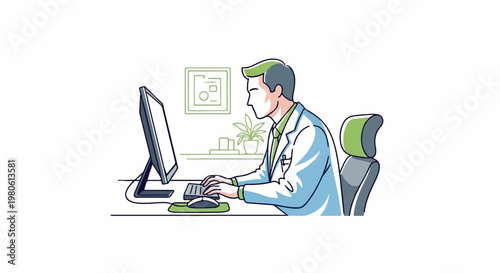 Medical professional working on a computer at a desk with a plant and framed art