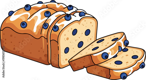 A cartoon depiction of a sliced loaf of blueberry bread with icing