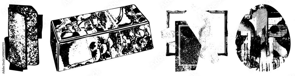 Obraz premium Stylized vector forms with halftone textures, fragmented planes, and graphic distortion, rendered in, ideal for modern art or digital interfaces.