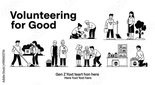 Set of line art illustrations depicting young people volunteering and participating in community service activities.